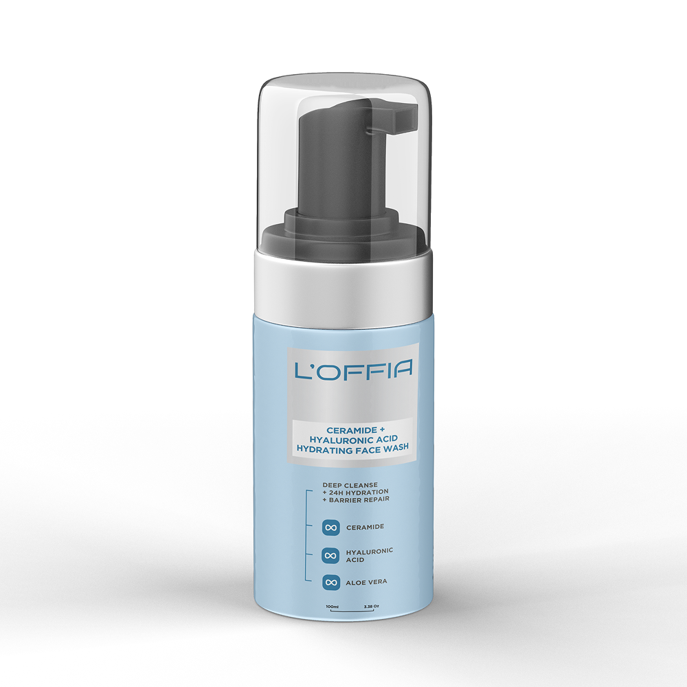 L'Offia Ceramide + Hyaluronic Acid Face Wash | Gentle Cleanser with Niacinamide & Rice Water for Dry & sensitive skin(100 ml)