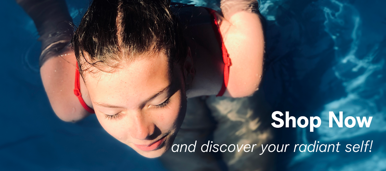 and discover your radiant self!
Person swimming underwater with promotional text overlay